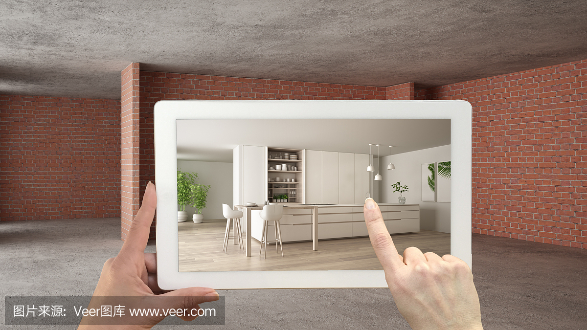 增强现实的概念。带有AR应用的手持平板,用于模拟室内建筑现场的家具和设计产品,带有岛和凳子的现代厨房