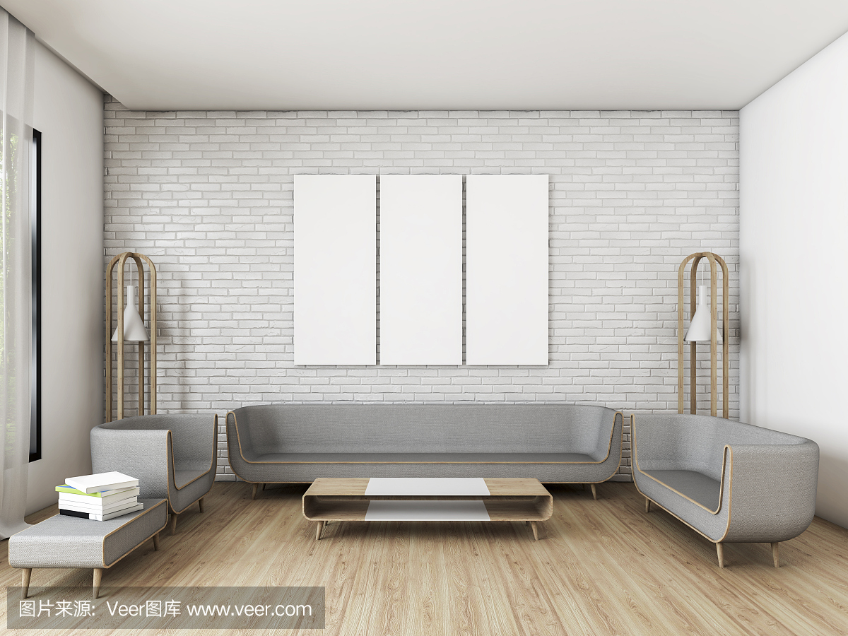 现代客厅白色砖与3帧3d渲染
